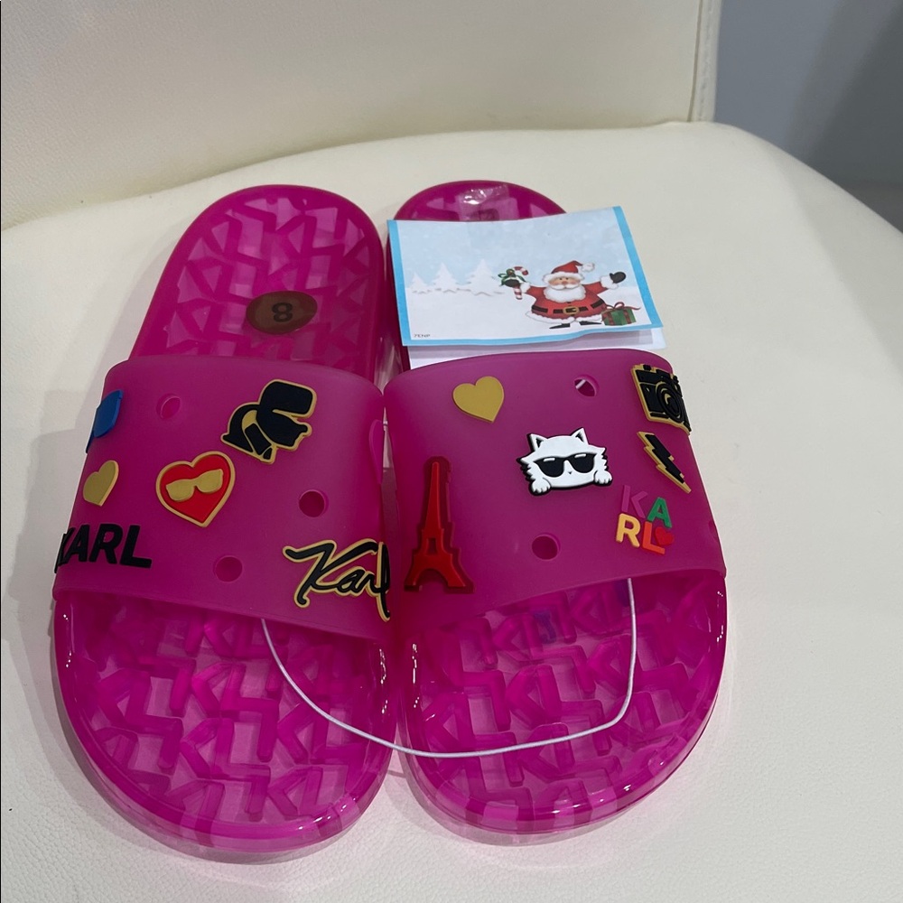 Karl Lagerfeld Vibrant Pink/Black/Yellow "Karl/Cat/Hearts  Slide Sandals